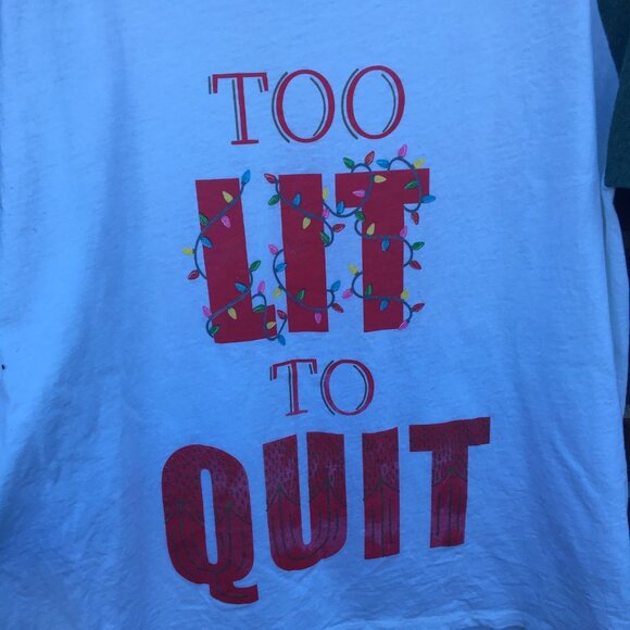 Christmas Holiday Graphic Raglan Tee XL Too Lit To Quit Green White - Picture 2 of 5